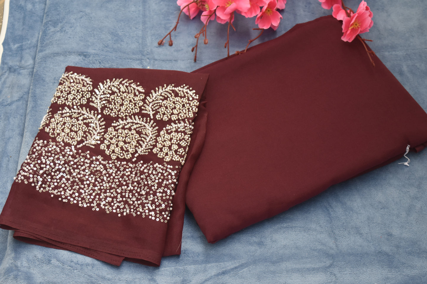 FANCY BLOUSE WITH BEEDS WORK,PLAIN SAREE